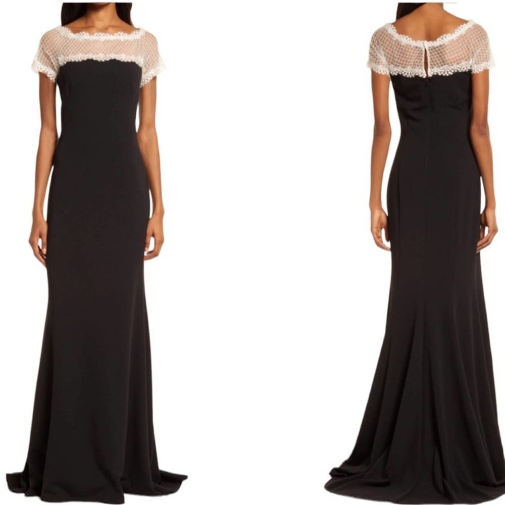 NEW - TADASHI SHOJI Lace Yoke Crepe Gown Black & White - Large / L